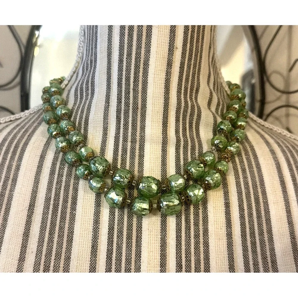 Vintage MURANO GLASS NECKLACE & CLIP EARRINGS Venetian Green Gold-Mario Sanzogno